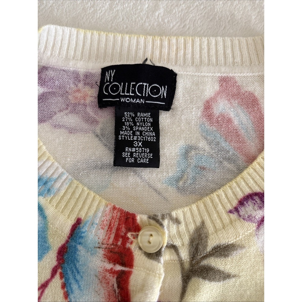 NY Collection Women's 3X Yellow Butterfly Floral Cardigan 3/4 Sleeve Sweater - Picture 2 of 11